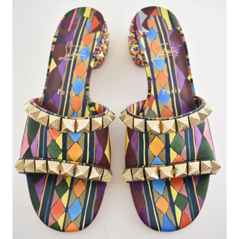 Christian Louboutin Pyramule 30 Multicolor Gold Stud Block Heel Mule Sandal 39